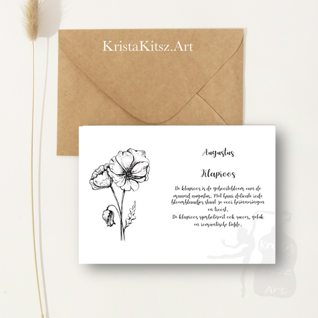 Ansichtkaart Augustus Klaproos met tekst | inclusief envelop of postkaart | zwart wit tekening illustratie