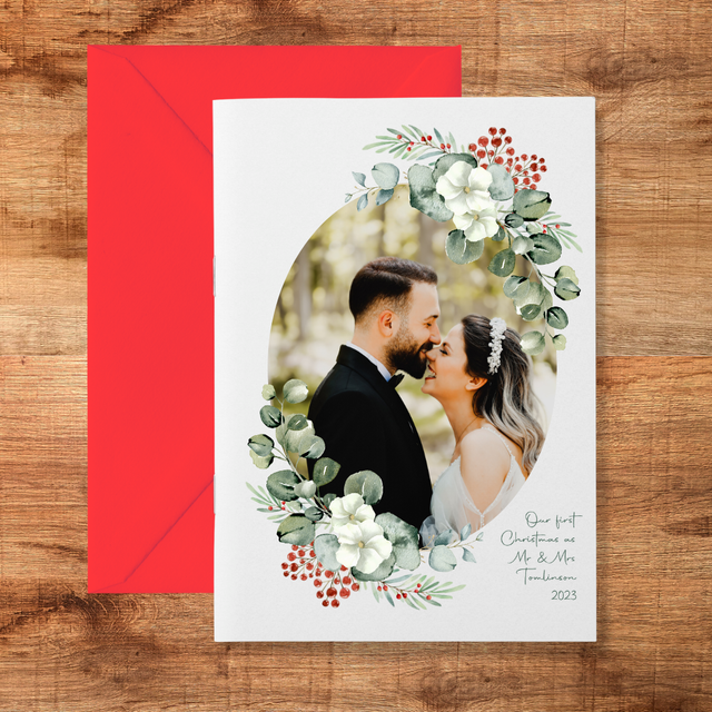 Pack of 10 A5 personalised Christmas cards - First Christmas as married couple  - supplied with red envelopes