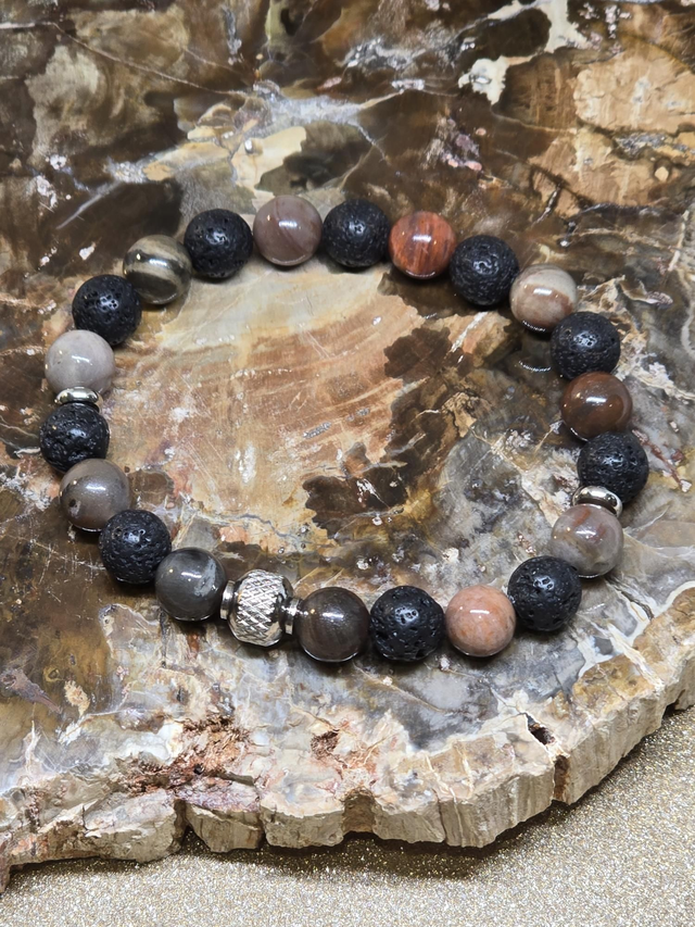 Bracelet Pierre de lave et Bois fossilisé en 0,8 cm