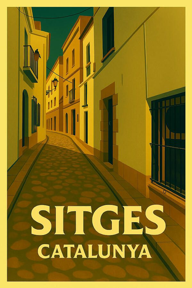 Póster vintage de la calle del casco antiguo de Sitges, Catalunya impresión artística de viaje
