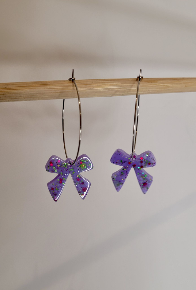Earrings | Lilac Purple Glitter Bows on 35cm Big Hoops | Stainless Steel