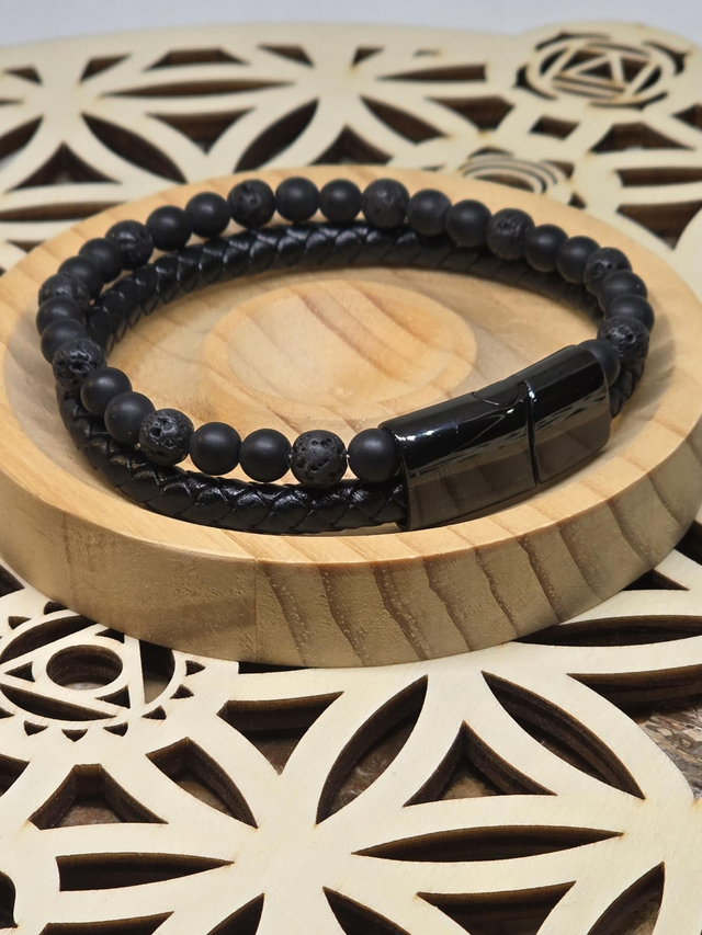 Bracelet cuir, Pierre de lave, Shungite 0,6 cm 