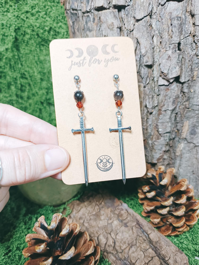 BOUCLES - DRAGON KING (obsidienne et grenat)