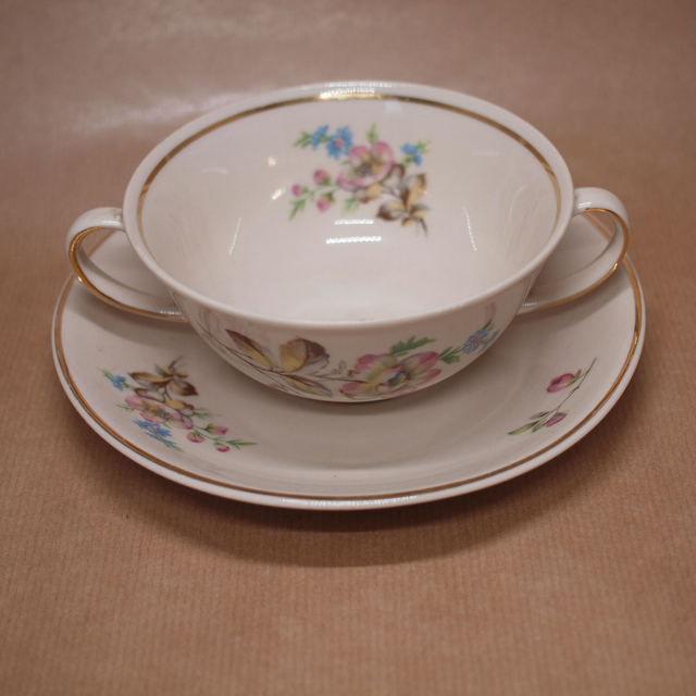 Chodziez | Kop en Schotel (kop diameter 11 | schotel 16,5 | hoogte 5,5 cm) roomwit goudrand kleurrijk &#039;Bloem&#039; motief | Vintage