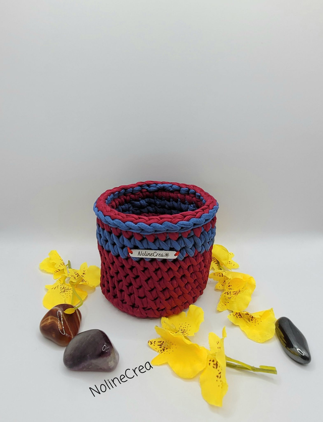 Pot rouge et bleu, panier rouge et bleu crochet, pot de rangement