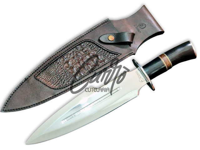 Faca de Caça Elmo 11 Pol Cabo em Chifre Bovino Natural e Bainha em Couro Legítimo