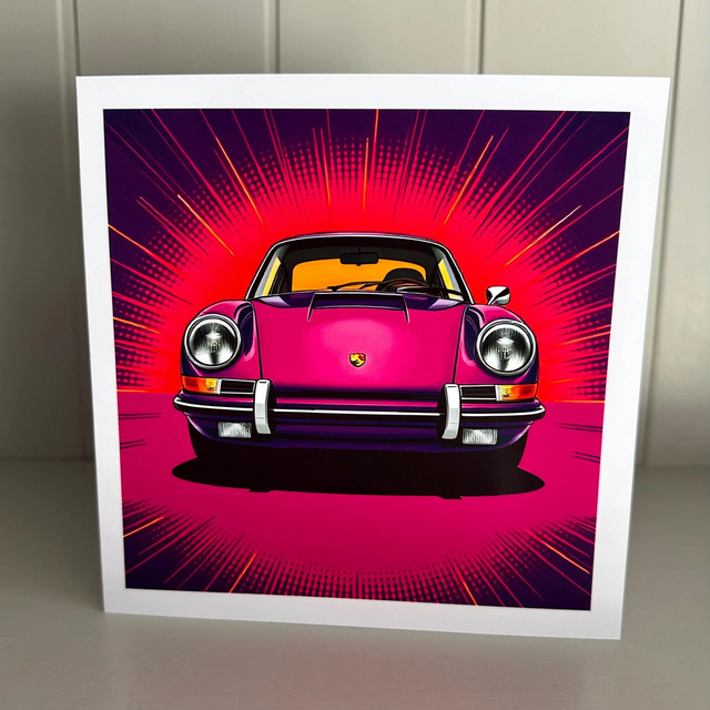 Classic 1960s Purple Porsche 911 Pop Art Greeting Card – Retro Car Enthusiast Gift, Bold Design for Birthdays, or any Occasion or collectors