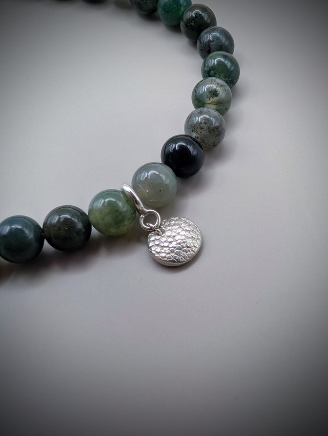 Pet Nose Print Bracelet, 6mm Moss Agate with Sterling Silver Charm