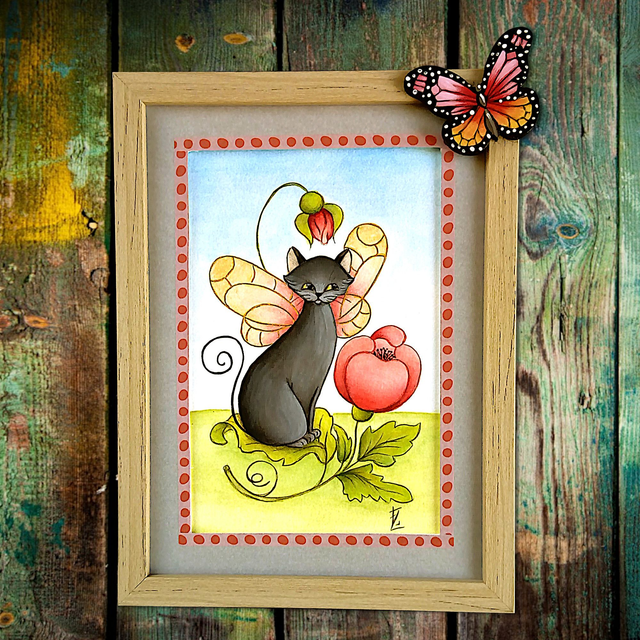 Chat ailé aux coquelicots