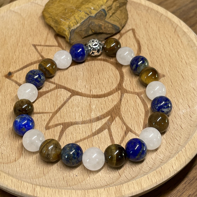 💫♊️🐅Bracelet Signe du Gémeaux en Jade blanc, Lapis lazuli et Oeil de tigre
