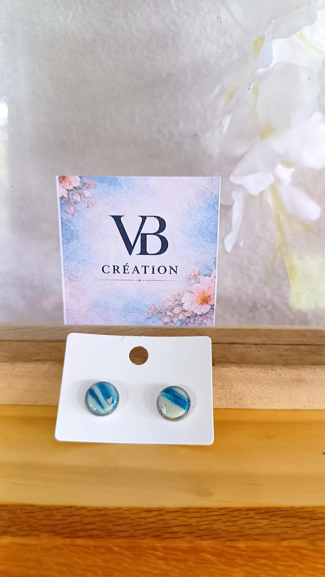 Puces d'oreilles bleues blanche et argent 10mm