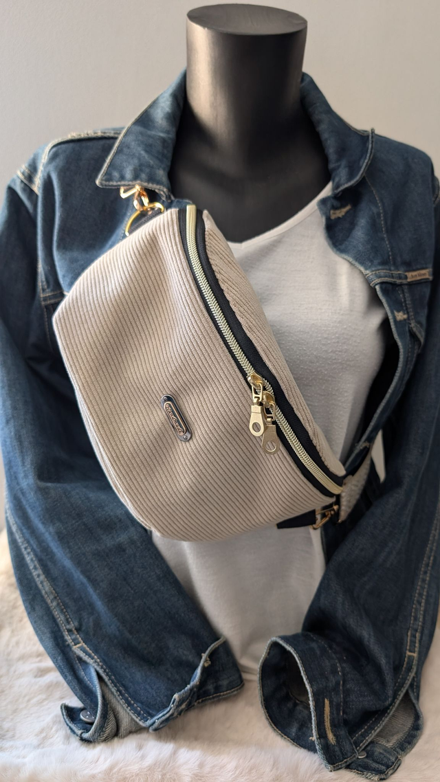 Sac Banane en Velours Côtelé Beige 