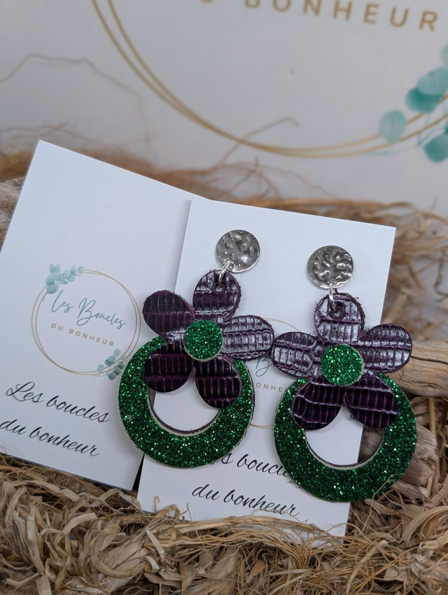 Boucles d'oreilles Baby Marguerite aubergine vert paillettes bm1163