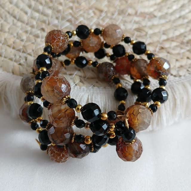 Dames wikkelarmband Onyx &amp; Weathering Agaat – Goudkleurige RVS (1.359)