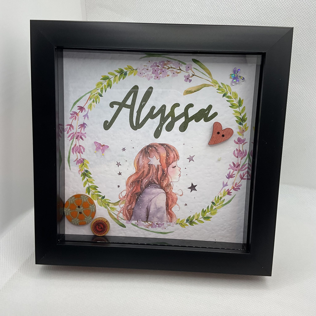 Personalised Name Button Art Frame: Custom Girl&#039;s Decor.