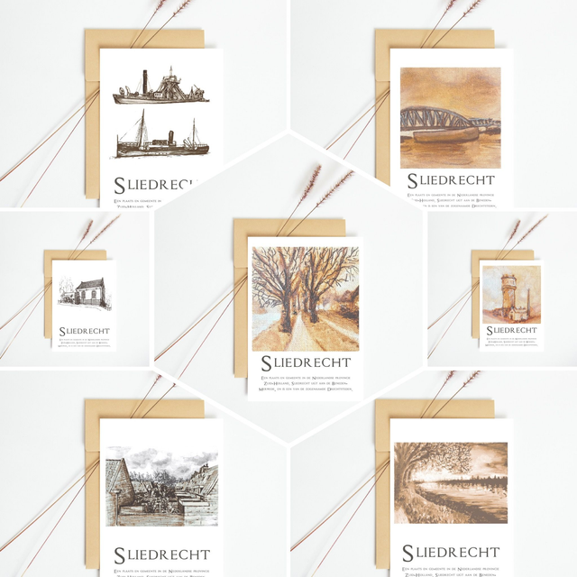 Set ansichtkaarten Sliedrecht | 7 stuks | staande kaarten | kunstkaarten | typografie | gevouwen met envelop of ansichtkaart 