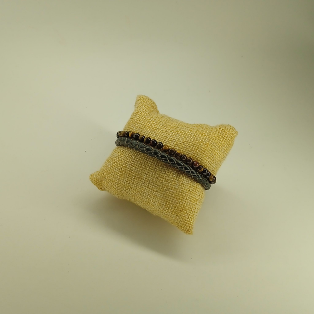 Bracelet cuir noir et pierre Oeil de tigre multicouleur