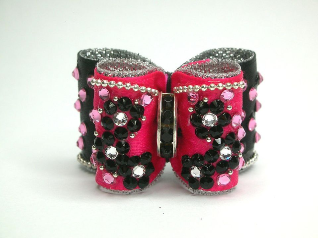 Noeud pour chien double coques-luxe expo-rose -noir-strass