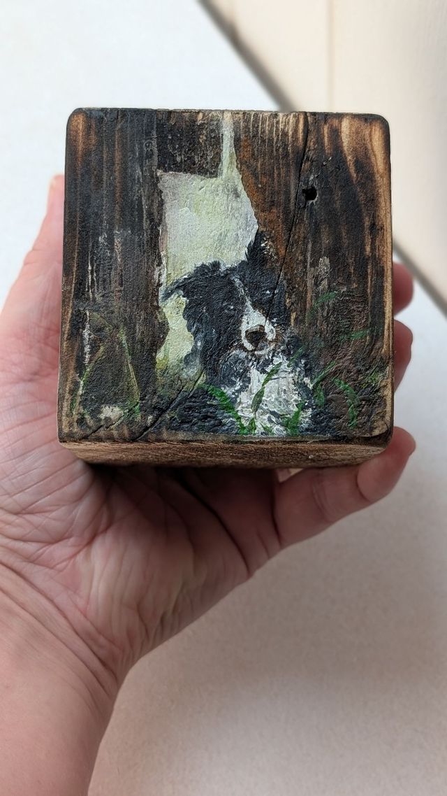 Collie dog peeking through a gap in the fence - Tealight Holder Reclaimed Wood