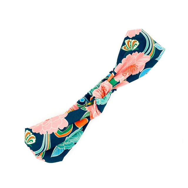 Knotted Elasticated Headband - Navy Flower &amp; Wave