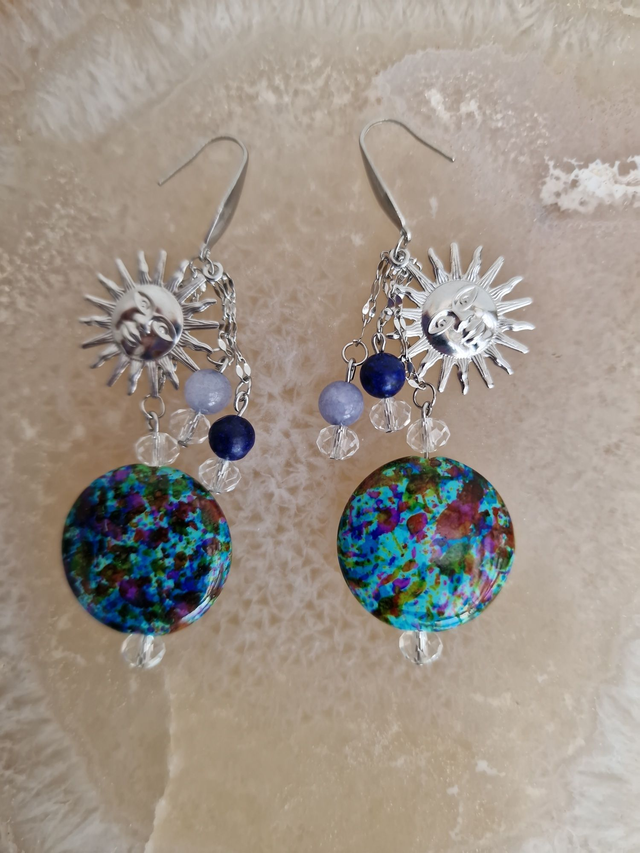 Boucles D'oreilles Acier Soleil Pierre Naturelle Aquamarine Lapiz Lazuli Cristal