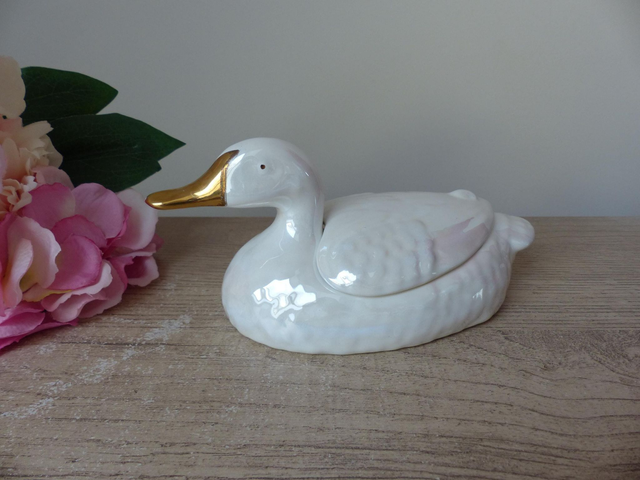 Boite canard en céramique blanc irisé, Vide poche canard décoration entrée bureau chambre salle de bain, canard rangement décoratif maison