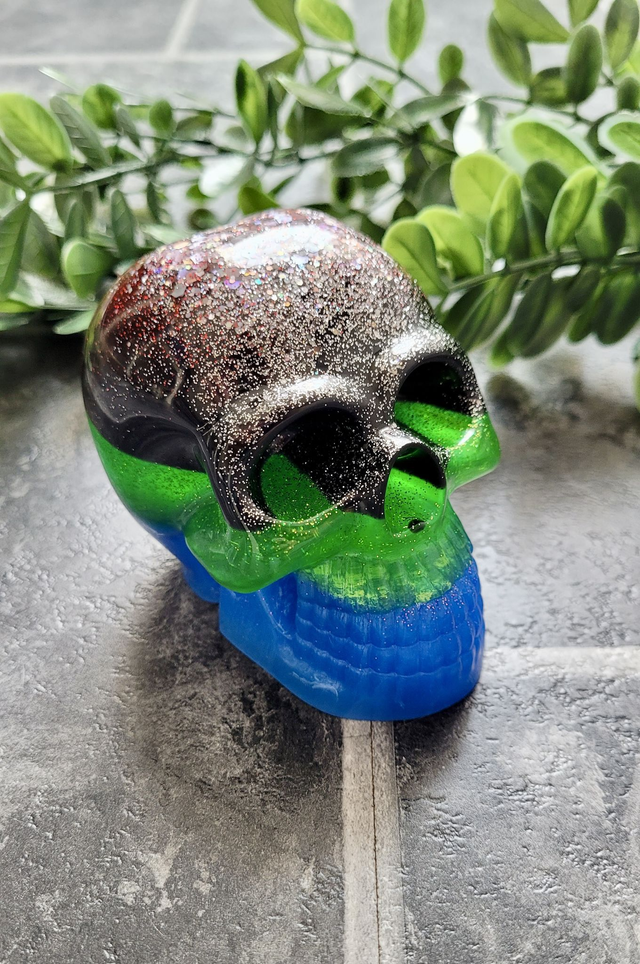Skull Ornament - Large - Green, Blue Black Glitter Stripes