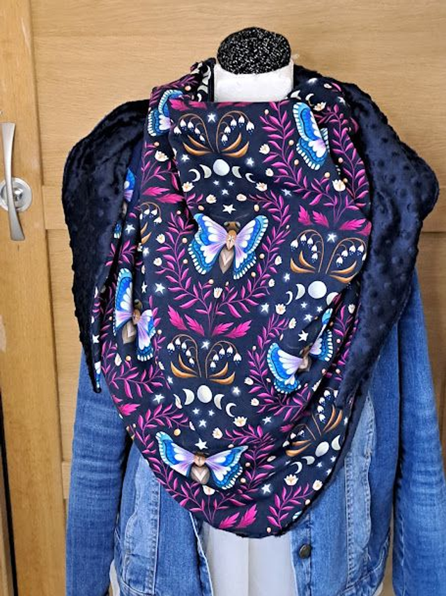 Maxi Chèche femme / chèche minky bleu et tissus jersey motifs chouettes/ écharpe pour femme