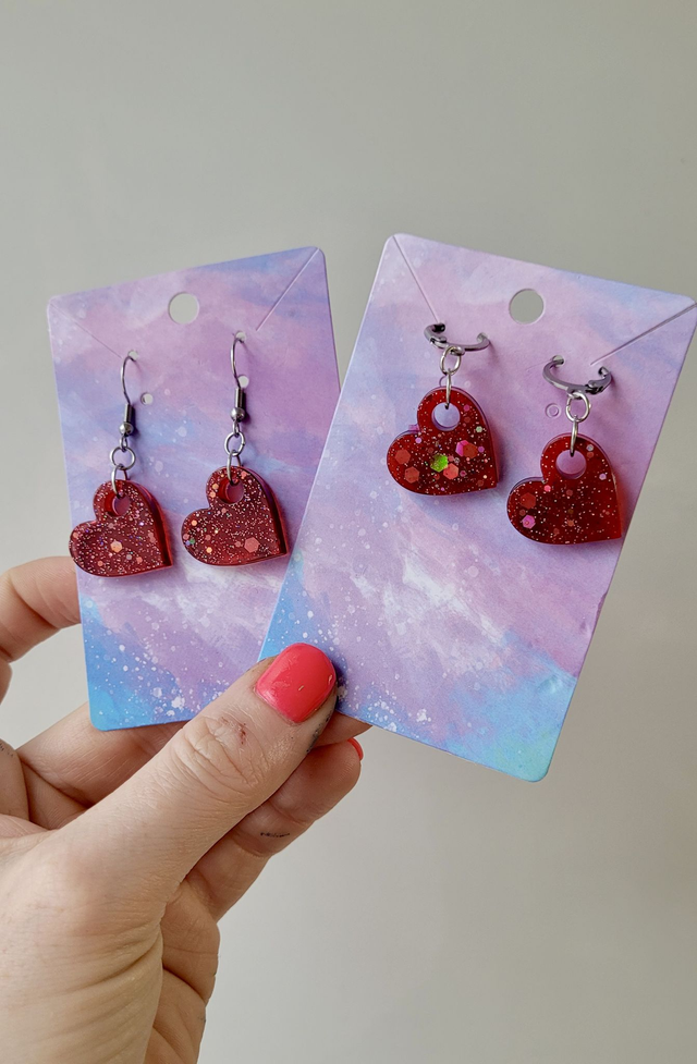 Earrings | Dark Wine Red Glitter Hearts | Stainless Steel Hoops or Hooks