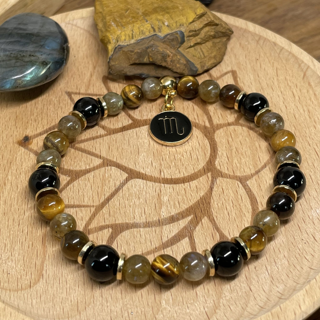🌺♏️🐅Bracelet Signe Scorpion Labradorite, Oeil de tigre, Onyx