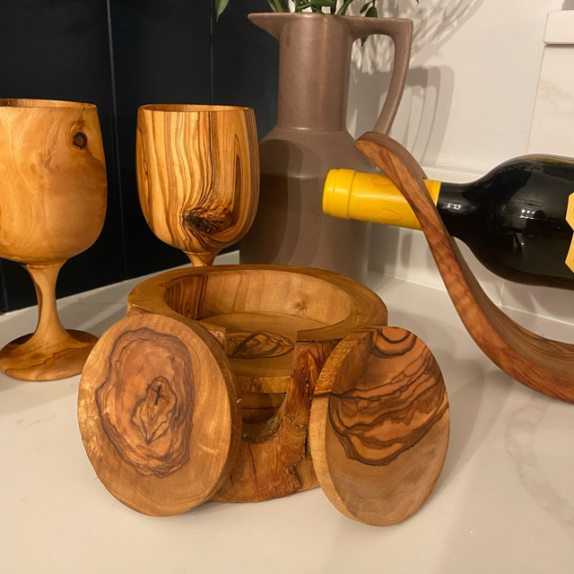 Olive Wood Wine Glass & Bottle Holder + Coaster Set