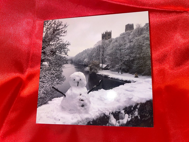 Snowman on Prebends Bridge, Durham: Pack of 10 Christmas Cards with Envelopes