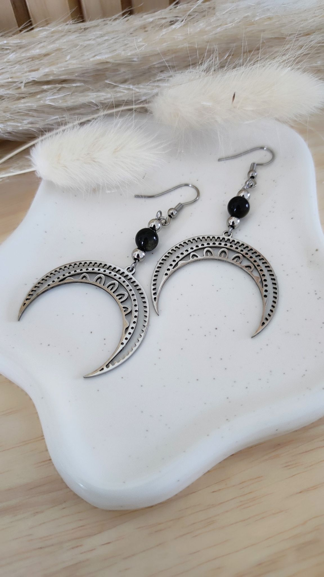 Boucles d'oreilles Fantaisie Lune et Obsidienne dorée