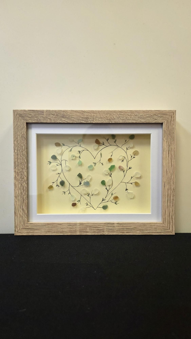 'Heart of Glass' Sea Glass Art 8x6" Framed