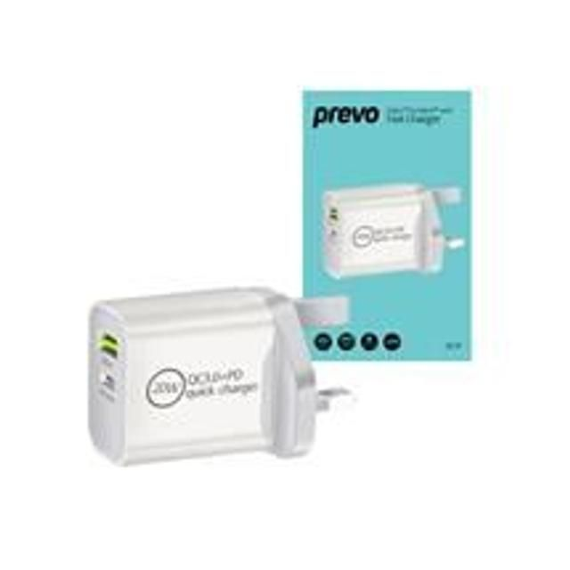 Prevo QC70 20W USB Type-C Amp; USB Type-A Fast Charge Mains Charger With QC 3.0 For Laptops, Ultrabooks, Chromebooks, iPads, MacBooks, Smartphones, Tablets, Mobile Devices, Action Cameras, DSLRs QC70
