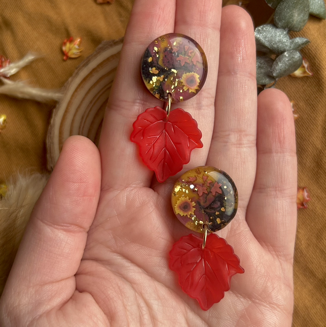 Autumn Sunflower and Leaf Stud Earrings