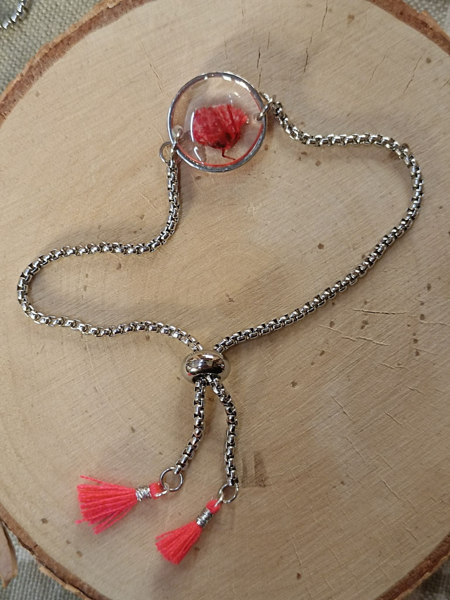 Bracelet Pompons Roses - Fleur Rose - Argent