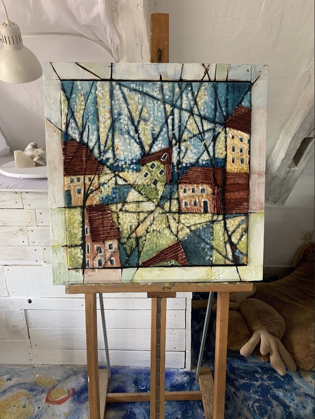 Eitempera-Skandinavische Impression- Eitempera auf nachhaltigem Keilrahmen mit Jute bespannt. 64x64cm mit Palettenholzrahmen. Monika Ana Christ 2022