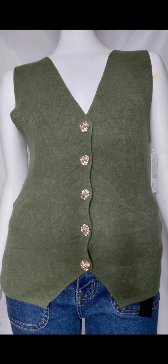 🌈Gilet Sans Manches Kaki Femme avec Boutons Dorés Style Chic Elégant Douceur Absolue🌈