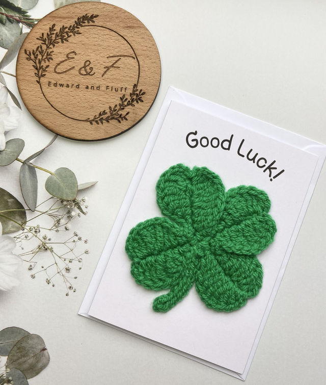 Good Luck card, Four Leaf Clover card, Handmade Crochet card 