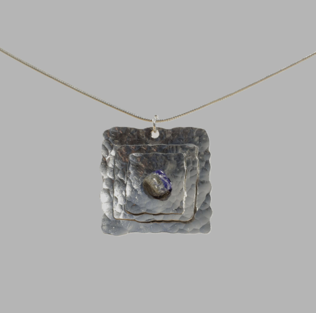 Hammered Square Pendant with Lapis Lazuli Stone Chip