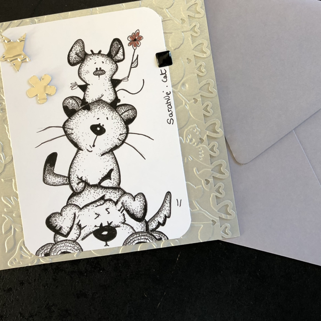 Carte - chien chat souris - 13,5 x 13,5 cm - enveloppe parme