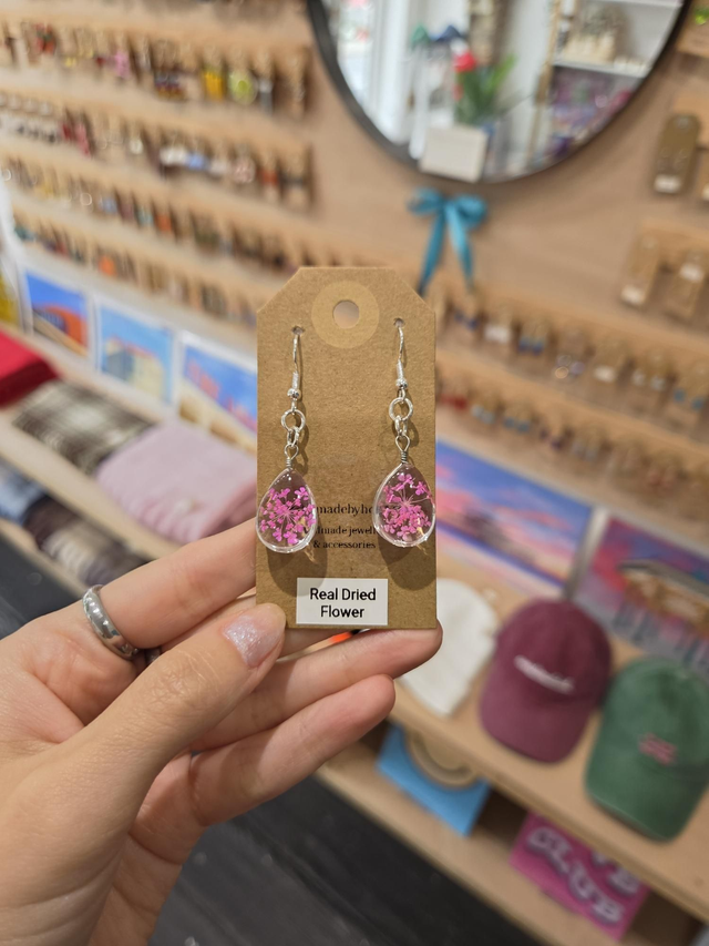Hot Pink Real Dried Flower Glass Teardrop Charm Drop Earrings - Silver Plated - HH-288