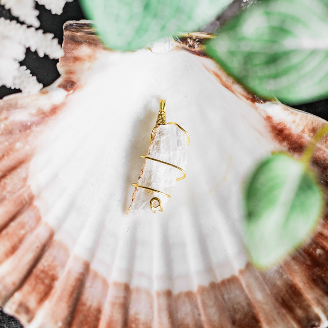 Clear Selenite Pendant Brass