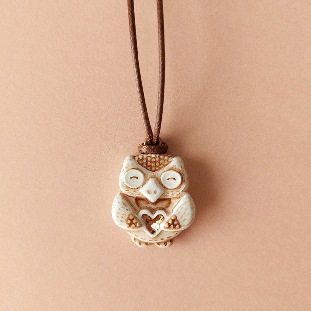 Owl clay pendant - Barn owl necklace - Owl totem - Air dry clay pendant