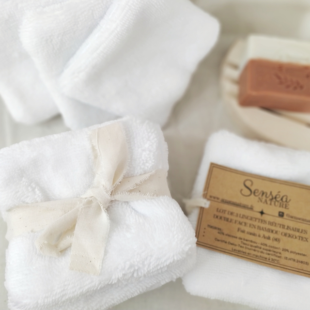 Lot de 3 lingettes réutilisables double face en bambou Oeko-Tex 