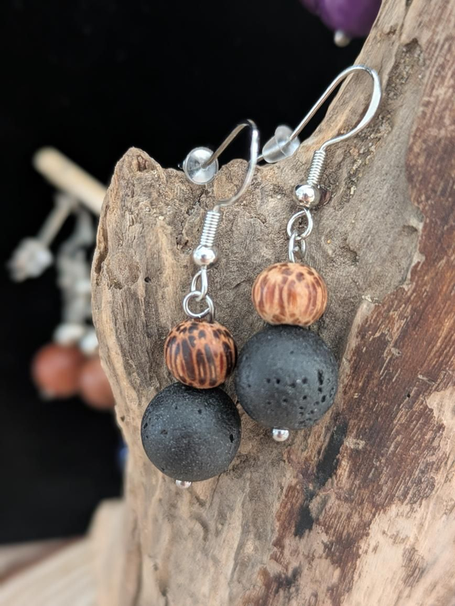 Boucles d'oreilles Pierre de lave/bambou boucles d'oreilles argent S925 