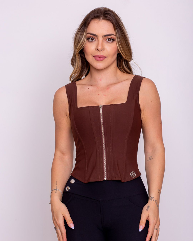 Cropped Miss Misses com Zíper e Barbatana - Cor Marrom