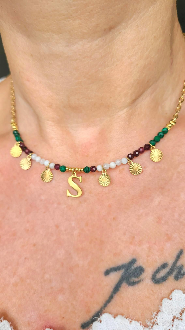 Collier Malachite, Grenat & Pierre de Lune – Force & Clarté - Personnalisable