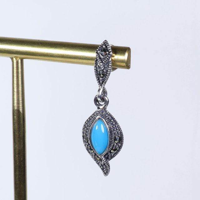 Sterling Silver 925 Art Deco Style Blue Marquise Cut Turquoise Colour Marcasite Navajo Feather Native American Design Drop Dangle Earrings